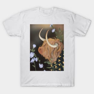 Mythical Highland Cow Chicory Flowers T-Shirt